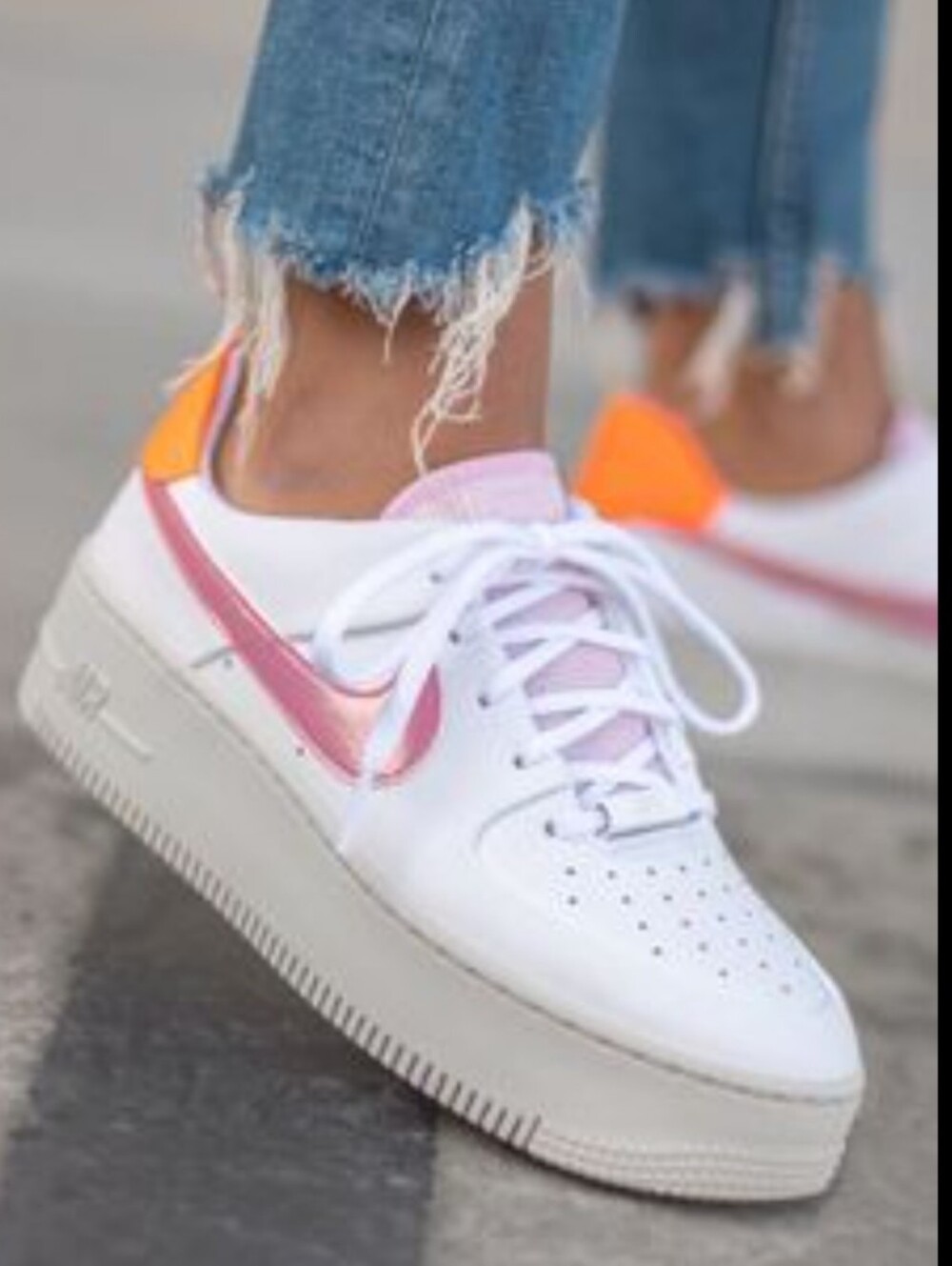 Nike White Leather Platform Sneakers with Pink Swoosh and Orange Heel